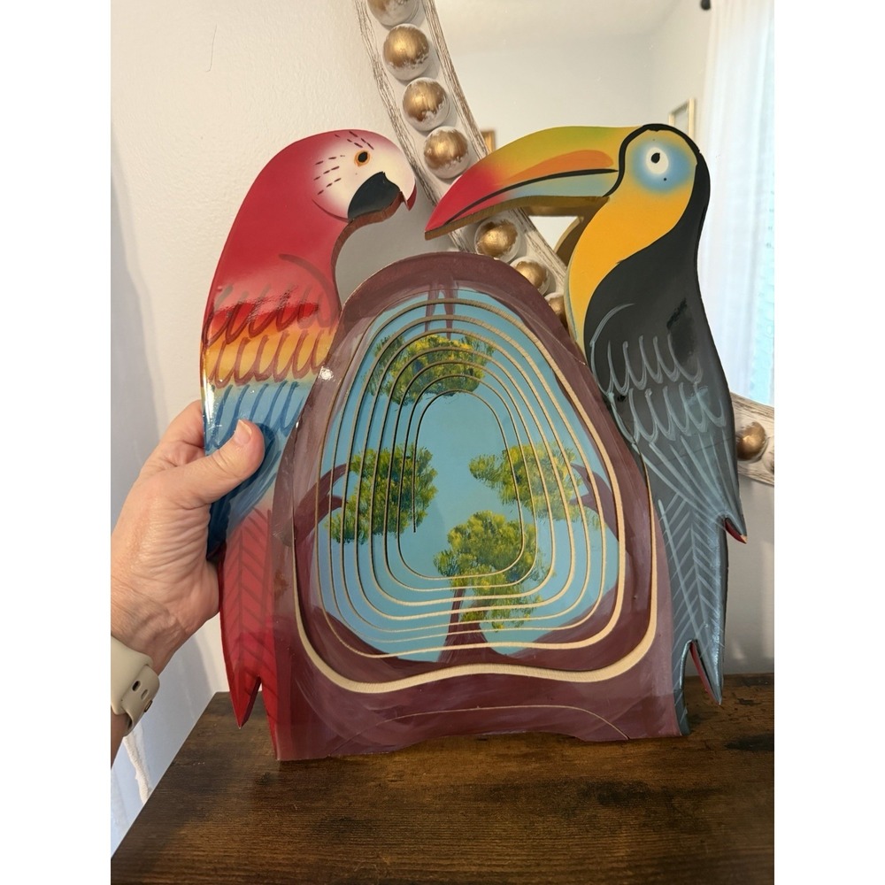 Vintage Tropical Toucan Parrot Collapsible Wooden Fruit Basket Folk‎ Art
